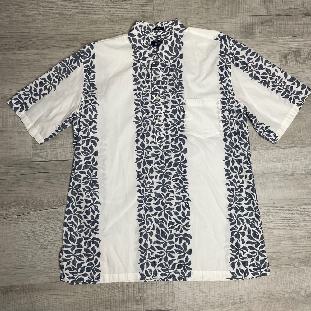 Reyn Spooner Mens Classic Popover Shirt Large White Navy Blue Leaf Print Cotton